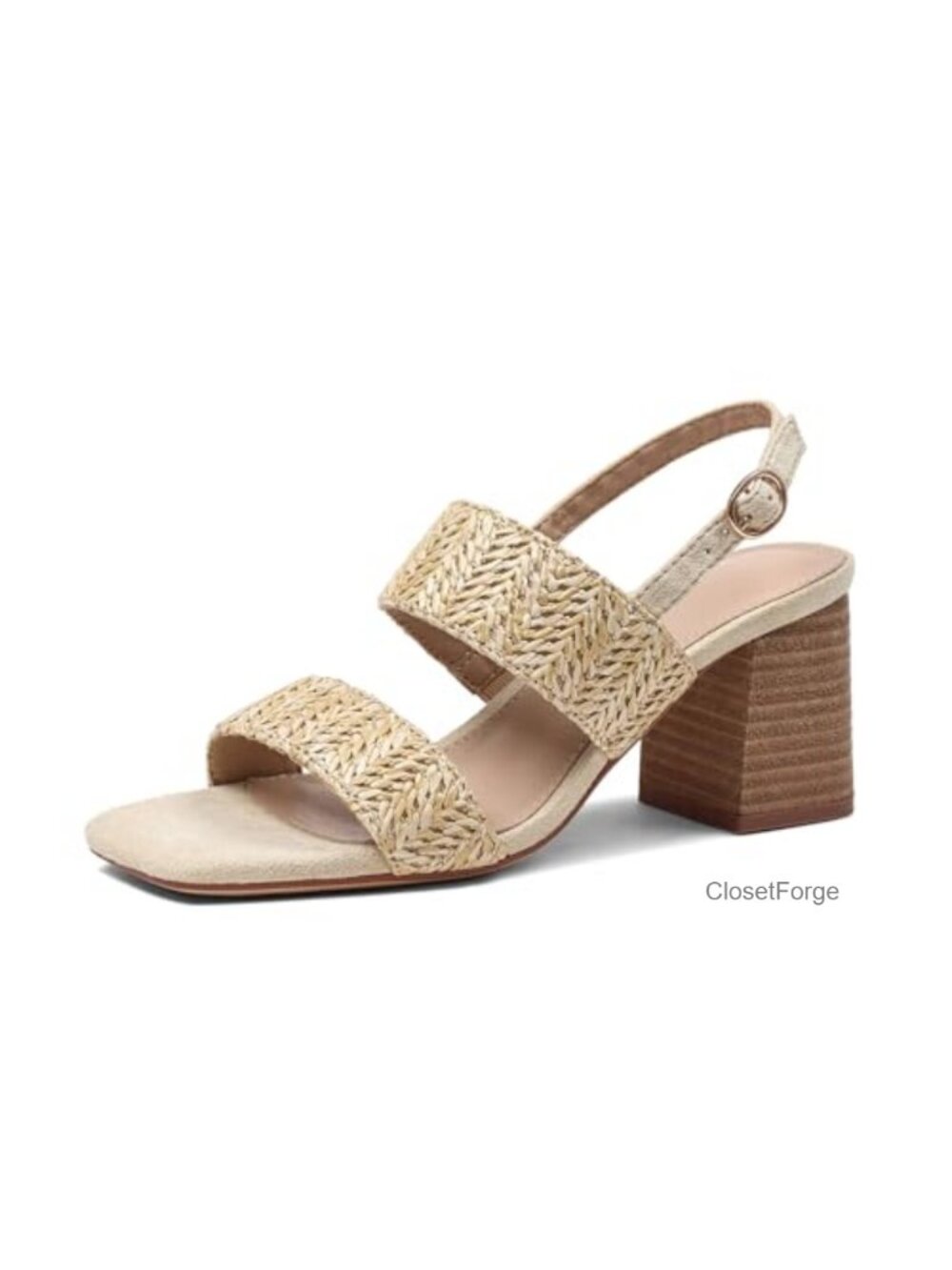 Raffia Heeled Sandals - Block Chunky Square Open Toe Ankle Strap Casual Dress
